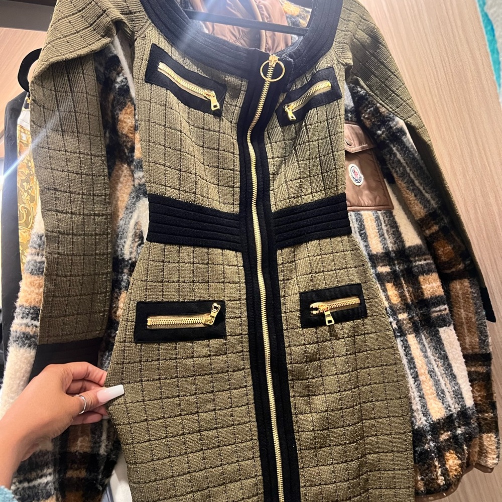 Balmain Checkered Olive mini dress with Black and Gold Details